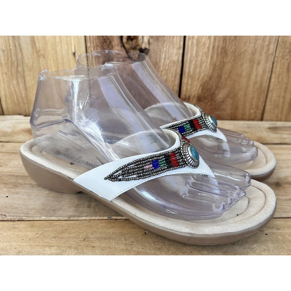 Minnetonka Beaded Sandals Aztec Slides White Leather Indian Sz 7 Women's